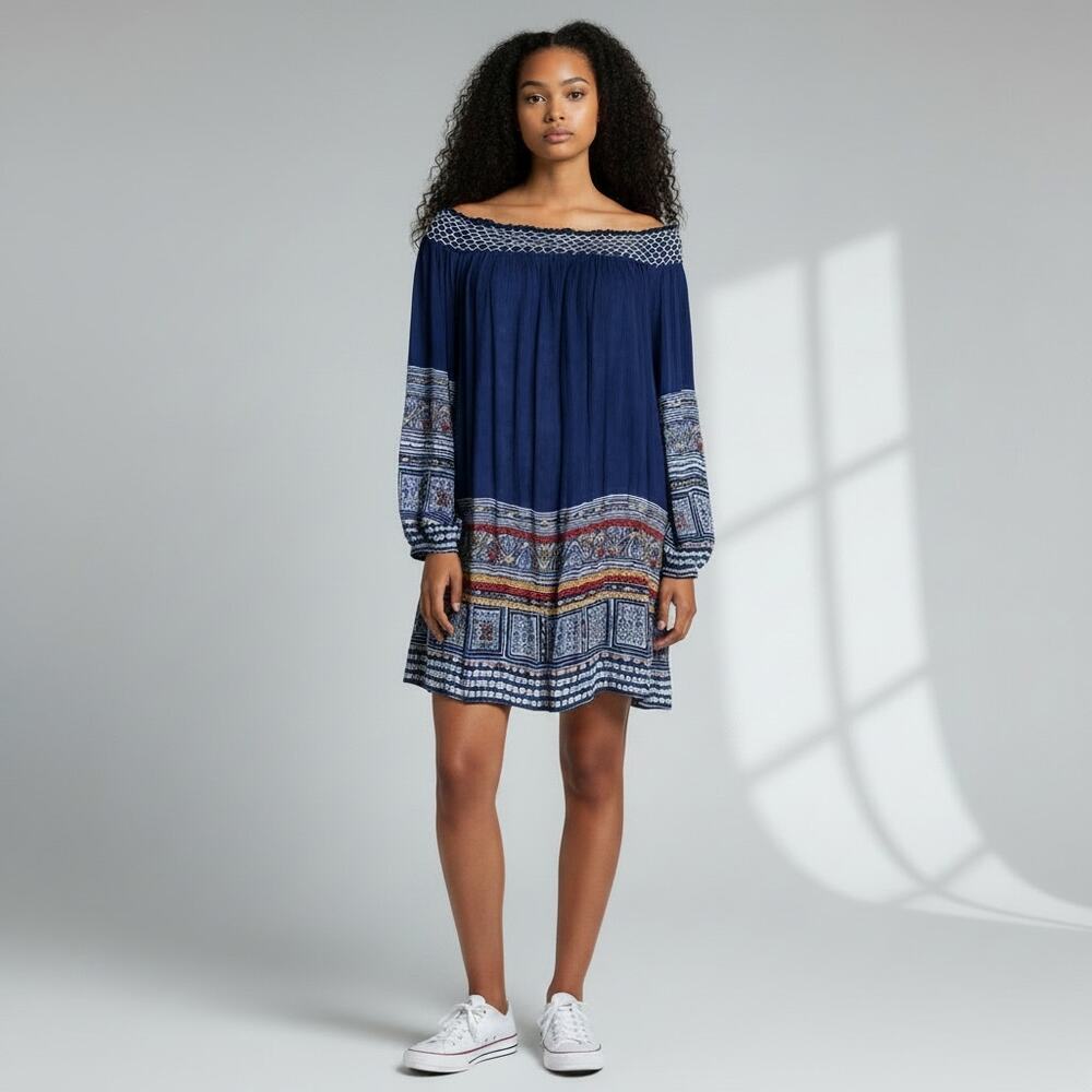 FARM Rio Off Shoulder Mini Dress Blue Boho Embroidered Border Long Sleeve Size S